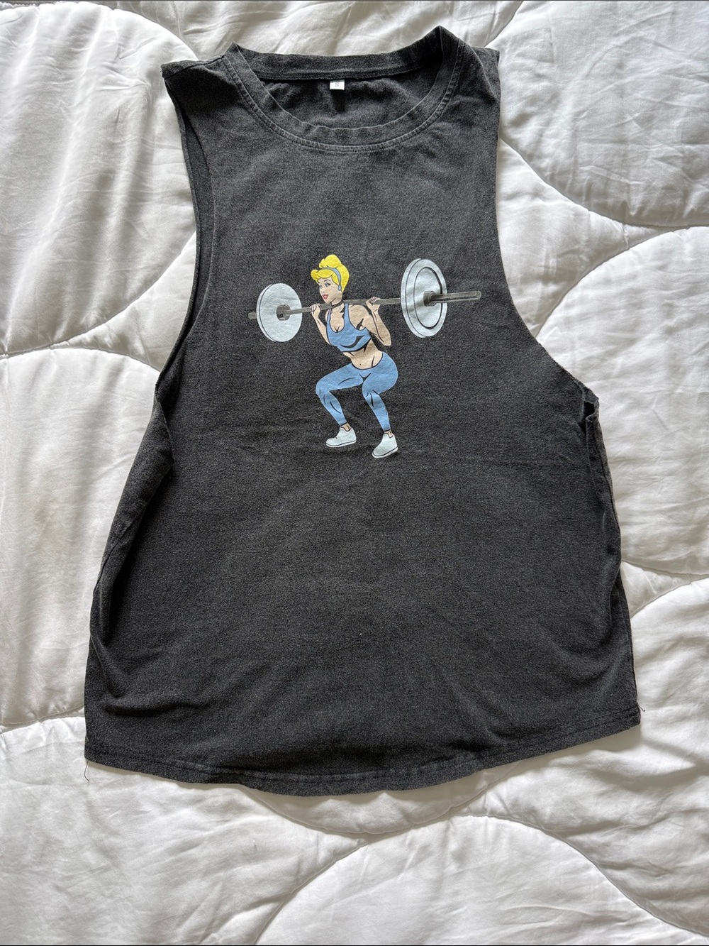 Black Muscle Tank with Weightlifting Cartoon Graphic